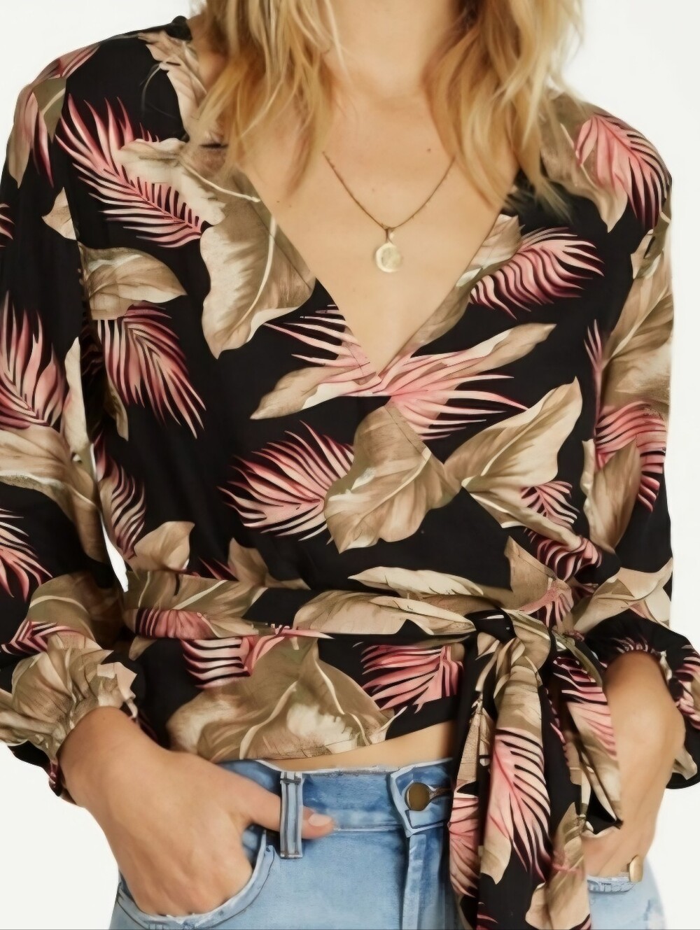 Billabong Love Wrapped Top Black Tropical Floral Botanical Boho Earthy Medium 